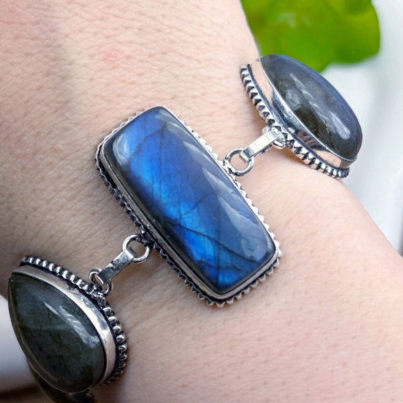 Blue Labradorite Bracelet Chunky Boho Southwest Sterling Silver 925 Overlay New - Picture 6 of 8